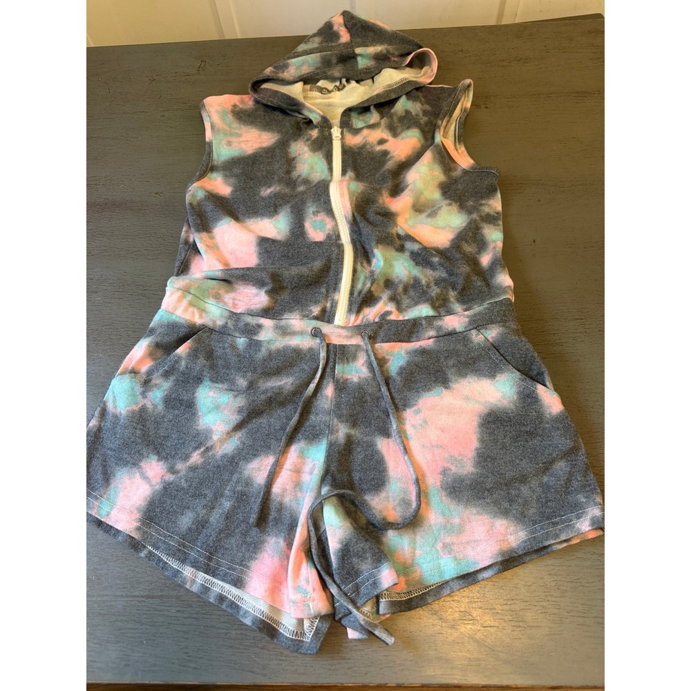Izzns Tie Dye Sleeveless Hooded Romper Pink Green Grey Small Zip Front Pocket